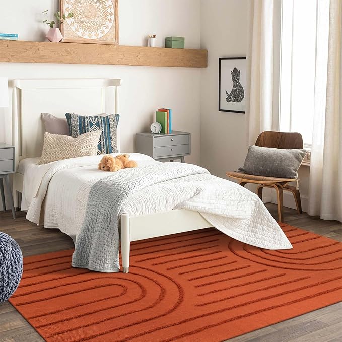 LEEVAN Washable Rugs for Living Room 5x8, Terracotta Tufted Rainbow Nursery Rug, Boho Low Pile Bedroom Floor Carpet, Modern Farmhouse Kids Room Rug for Dorm/Bedside/Classroom/Room