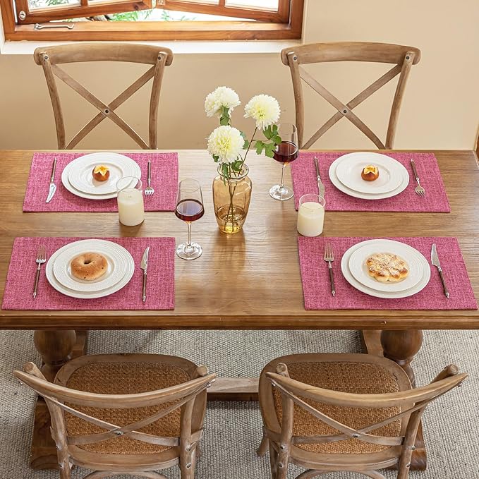 Placemats Set of 4, Dual-Layered Thickened Faux Linen Cloth Place Mats Heat Resistant Machine Washable Wrinkle Free Table Mats Indoor/Outdoor (Hot Pink)
