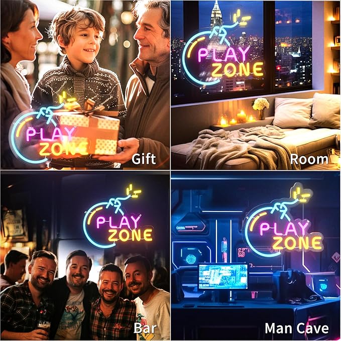 Play Zone Neon Sign for Wall Decor, Bomb Gamer Neon Light for Man Cave, LED Sign with Dimming Switch for boys Kids, Teen Gaming Room, Bedroom, Bar Decor, Party & Holiday Decorations, 5V Power Adapter