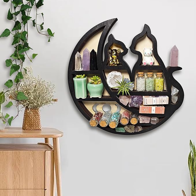 Crystal Display Shelf for Wall, Cats on The Moon Shelf, Crescent Moon Phase Cute Home Decor Wooden Rock Display Shelf Crystal Holder Stone Storage Aesthetic Hanging Floating Organizer