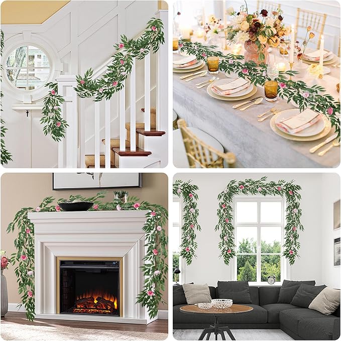 RECUTMS Artificial Hanging Willow Leaves Vine Twigs Whit Roses Flower 2Pc 5.7Ft Faux Ivy Plant Silk Green Leaf Rose Floral Garland Greenery Indoor Outdoor Wedding Jungle Birthday Party Garden Decor