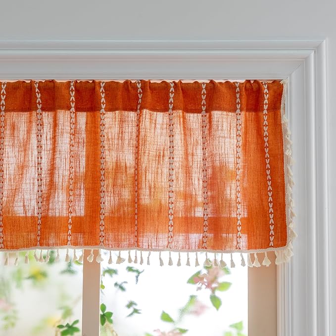 Sutuo Home Boho Kitchen Curtains Valance for Windows, Bohemian Short Curtains Light Filtering Farmhouse Vintage Tassels Window Treatment Embroidery Drape, Rod Pocket 1 Panel 52" W x 18" L, Orange