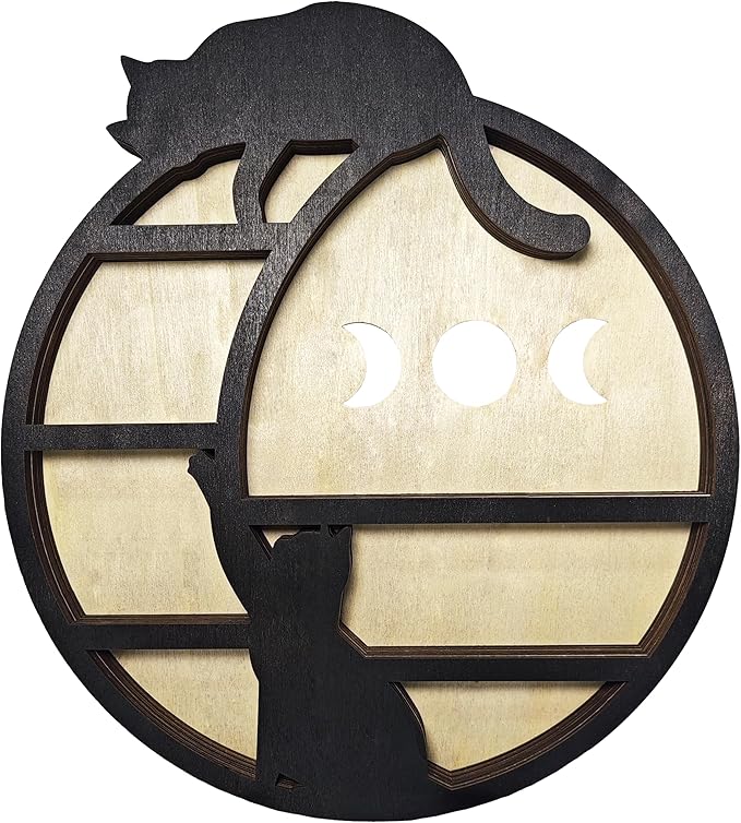 Cats on The Moon Crystal Display Shelf, Wooden Hanging Floating Shelf, Crescent Moon Phase Shelf Stones Essential Oil Organizer Rock Storage Gem Holder Wood Gothic Witchy Boho Home Wall Decor
