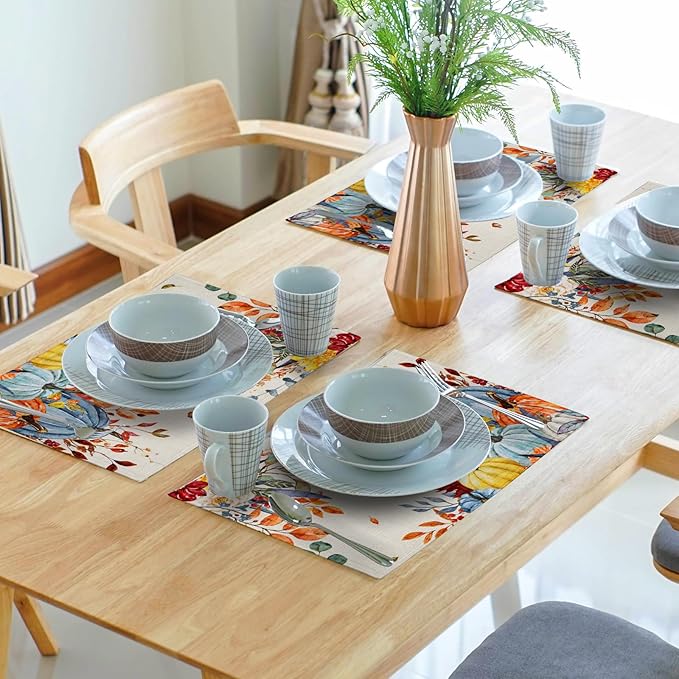Giwawa Fall Thanksgiving Placemats Set of 4 Watercolor Autumn Pumpkins Floral Linen Table Mats 12x18 Inch Washable Heat Resistance for Kitchen Dining Farmhouse Holiday Decor