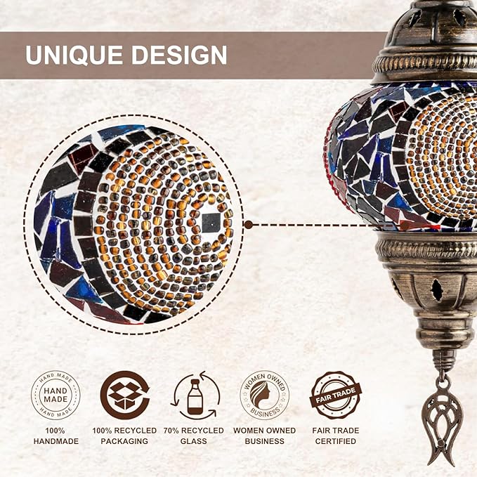 Kafthan Turkish Moroccan Mosaic Lamp – Handmade Glass Swan Neck Bedside Lamp with Antique Brass Base, Ideal Decor for Bedroom, Office, Living Room – Bulb Included (Red&Navy Central Circles)