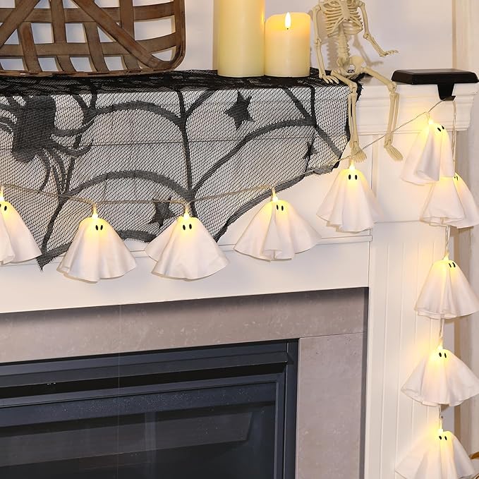 Halloween Decoration-Light Up Ghost Garland-Handmade LED Ghost String Lights Banner for Home Party Fireplace Mantle Windows Decor