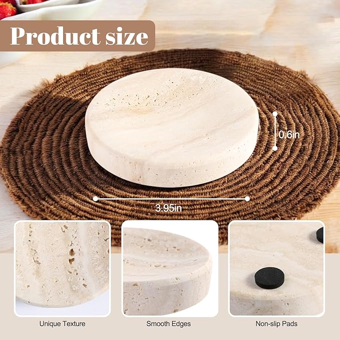 Koville Small Travertine Jewelry Dish, 4" Round Trinket Dish for Ring Necklace Earring, Beige Travertine Soap Dish for Bathroom Kitchen, Natural Stone Small Decorative Dish