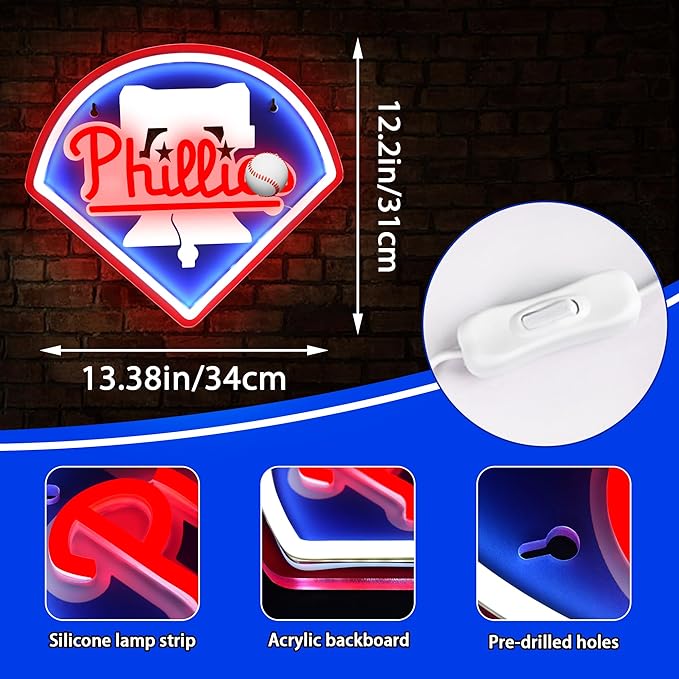 Baseball Neon Sign for Wall Decor Phillie Team Neon Light for Man Cave Led Sign for Bedroom Birthday Gifts for Baseball Fans Neon Sign 5V USB Powered Size13.3 * 12.2IN(ZYLD271)