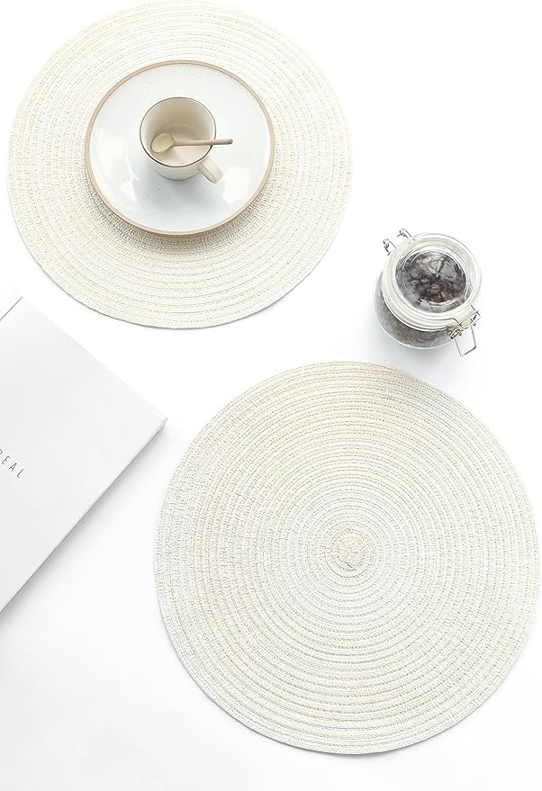 Floroom 15 Inch Round Braided Placemats Set of 4, Washable Heat Resistant Cotton Polyester Circle Place Mats for Kitchen Dining Table - Ivory Cream