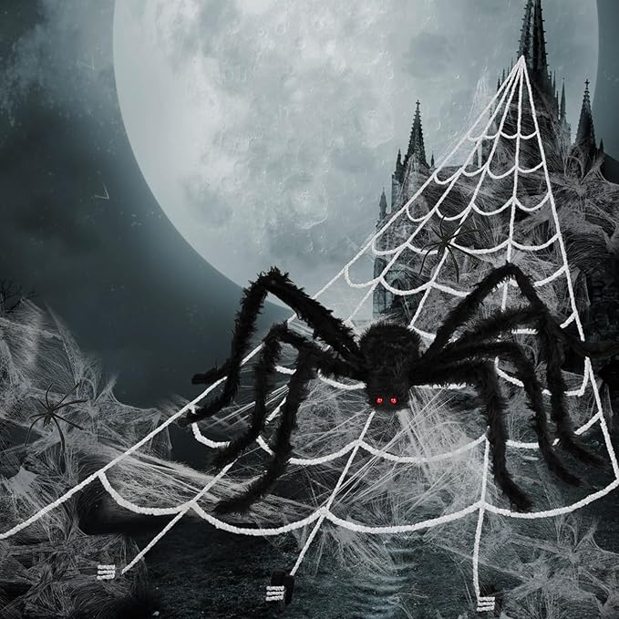 Halloween Spider Web and Giant Spiders Decorations Set Triangle Spider Web & Realistic Scary Fake Large Hairy Black Spider Props for Indoor/Outdoor Porch & Yard Parties Haunted House Halloween Décor