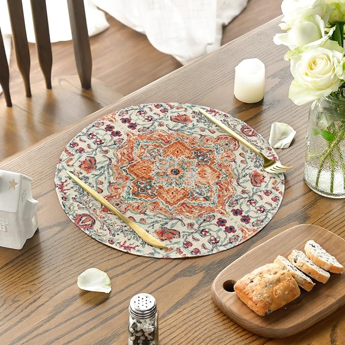 Artoid Mode Boho Round Placemats Set of 4,14 Inch Seasonal Daily Orange Teal Flowers Bohemia Table Mats for Party Kitchen Dining Decoration