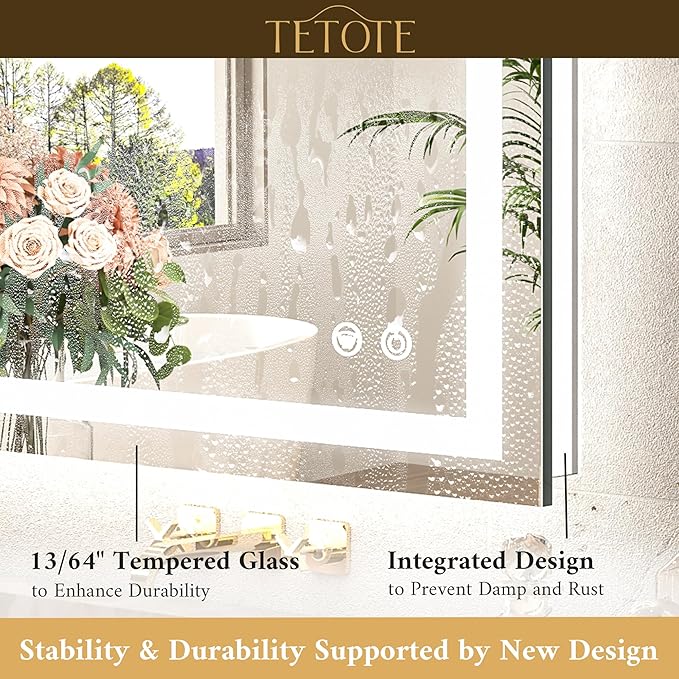 TETOTE LED Bathroom Mirror with Lights 28 x 36 Frontlit and Backlit Light up Mirror, Brighter Lighted Bathroom Mirror for Wall, 3-Color Anti Fog Mirror, Waterproof, Shatterproof Tempered Glass