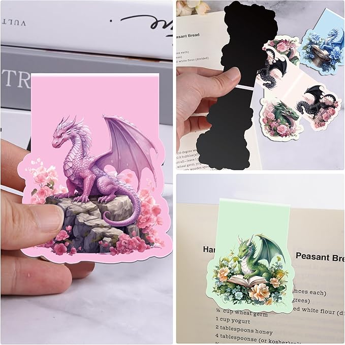 Cool Dragon Magnetic Bookmarks: 8Pcs Dragon with Wings Magnet Book Markers, Unique Floral Book Mark Clips Gift for Men, Gifts for Men Boys Kids Book Lovers Office School Supplies