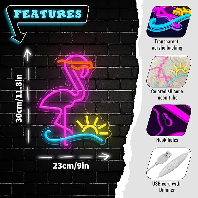 Flamingo Neon Sign Dimmable Flamingo Led Neon Lights Sun Wave Neon Signs for Bedroom Living Room Restaurant Man Cave Bar Club Party Decoration Gift