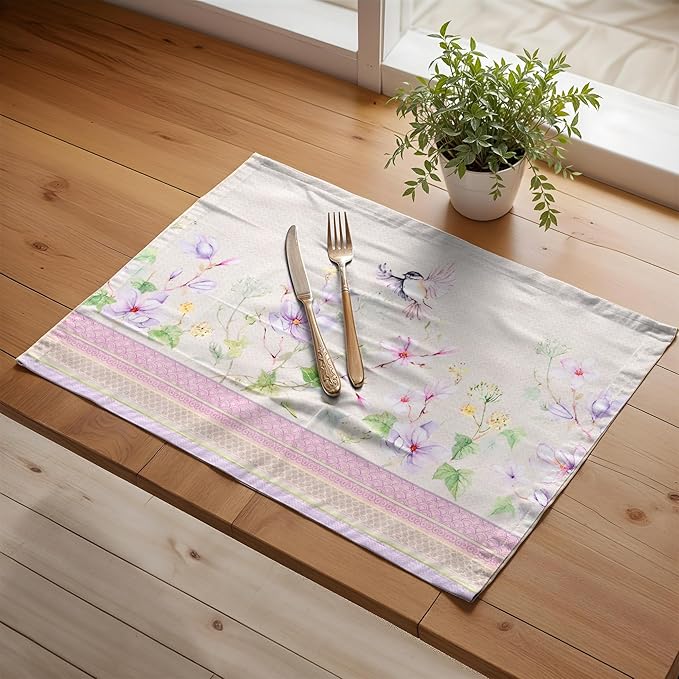 Maison d' Hermine Placemats Set of 4 100% Cotton Washable Cloth Place Mats, Reusable Table Mats for Kitchen Dining Decoration, Party, Wedding, Restaurant Spring/Summer (Magnolia Mornings, 13" x 19")