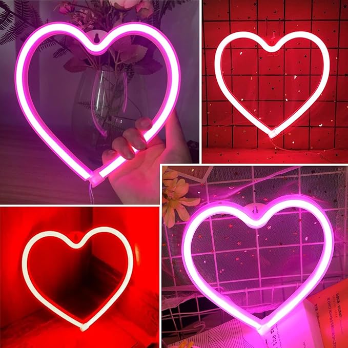 2-Pack Heart Neon Sign, Neon Heart Lights Battery Operated or USB Powered Decoration Lamp, LED Mothers Day Decoration Lights for Bedroom Girl's Room Birthday Party Wedding Christmas Décor (Pink & Red)