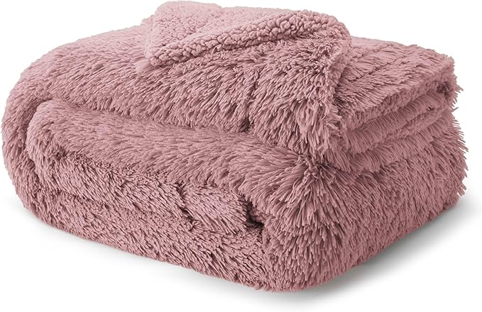Bedsure Fluffy Dusty Pink Blankets Queen Size for Bed, Thick Sherpa Faux Fur Fleece Fuzzy Plush Winter Warm Soft Full Queen Blankets, Bedroom Decor Pink Gifts Cozy Gifts for Women Men, 90x90