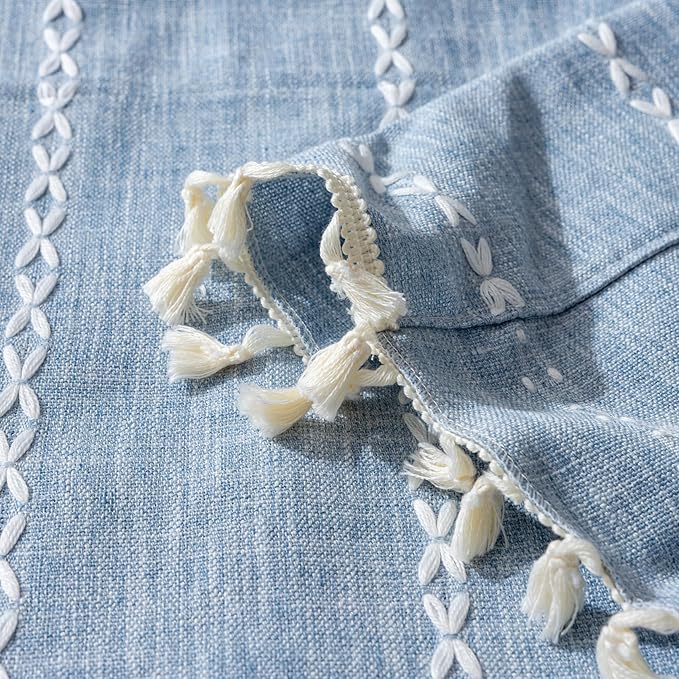 Sutuo Home Boho Farmhouse Curtains Valance 18 Inches Long for Kitchen Windows, Bohemian Short Curtains Light Filtering Vintage Tassels Long Embroidery Stripes, Rod Pocket 1 Panel 52" W x 18" L, Blue