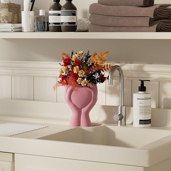 8 Inch Heart Hand White Ceramic Vase - Unique Modern Aesthetic Flowers Vase for Living Room Bedroom Office Kitchen Table Centerpiece or Shelf Decor - Gifts for Wedding Bridal Shower Women Mom (Pink)