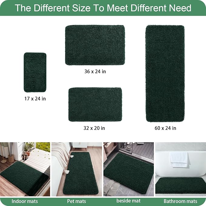 AROGAN Luxury Long Bathroom Runner Rug, 24x48 Inch Thick Soft and Absorbent Non Slip Bath Mat, Rubber Backing Quick Dry Rugs Carpets, Machine Washable Plush Mats for Shower Floor, Deep Green