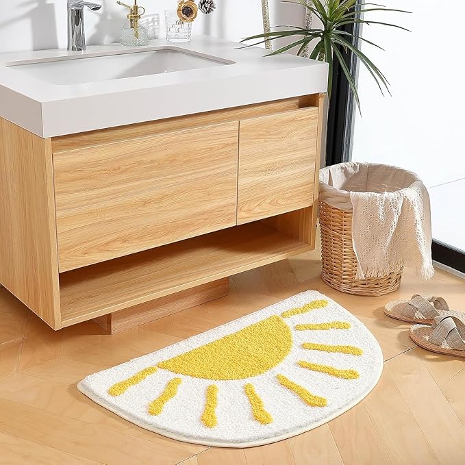 Bathroom Rugs Mat Half Circle - 35"x22" Large Cute Sun White Yellow Boho Bath Mats Non Slip, Soft Absorbent Microfiber Bohemian Rug, Semi Round Machine Washable Rubber Rugs for Floor Bedroom Bathmat