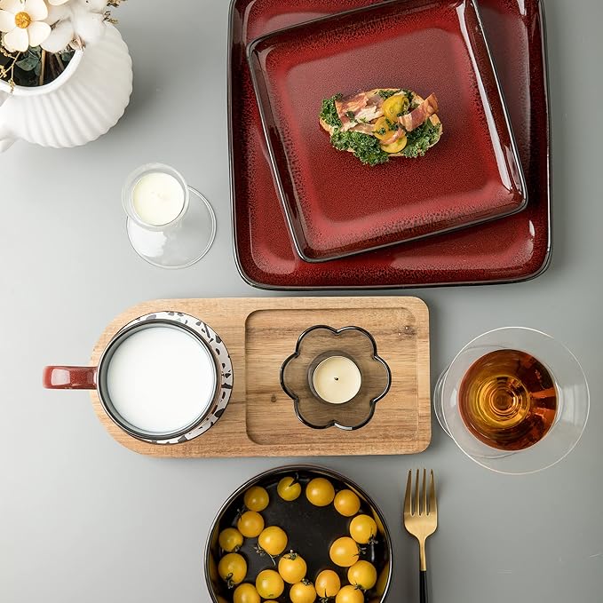FLACKAR Square Stoneware 16pc Double Bowl Dinnerware Set for 4, Dinner Plates, Side Plates, Cereal Bowls, Pasta Bowls - Reactive Glaze Red (480349)