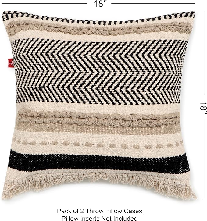 REDEARTH · Handmade Boho Throw Pillow Covers - Bohemian Chic Farmhouse Style - Accent Woven Indoor and Outdoor Pillow Cushion Cases for Couch, Bed, Chair, Sofa, Bench – Set of 2-18"x18" - Natural