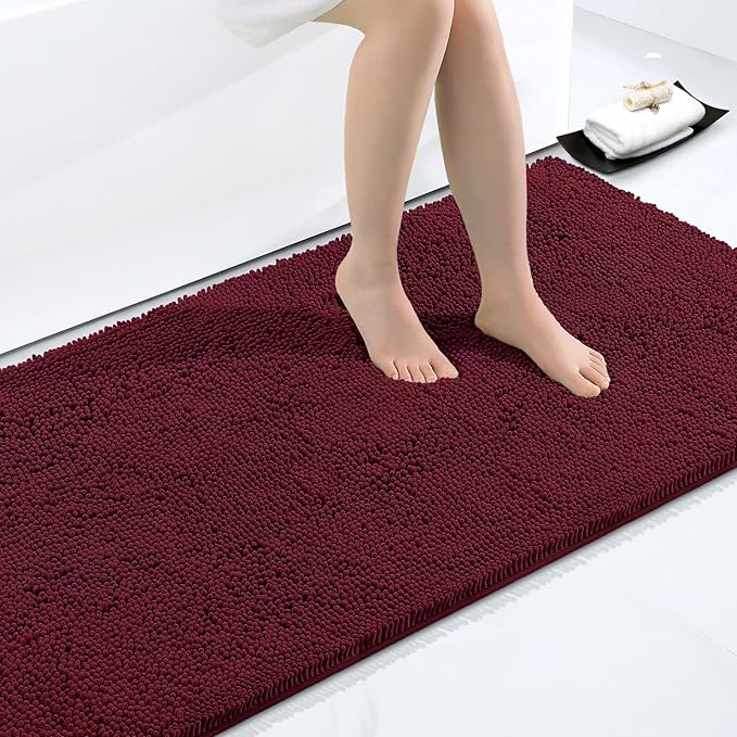 Smiry Luxury Chenille Bathroom Rugs 40x32, Extra Soft and Absorbent Shaggy Bath Mat, Machine Washable, Non-Slip Plush Carpet Runner for Tub, Shower, and Floor, Home Decor Accessories, Burgundy