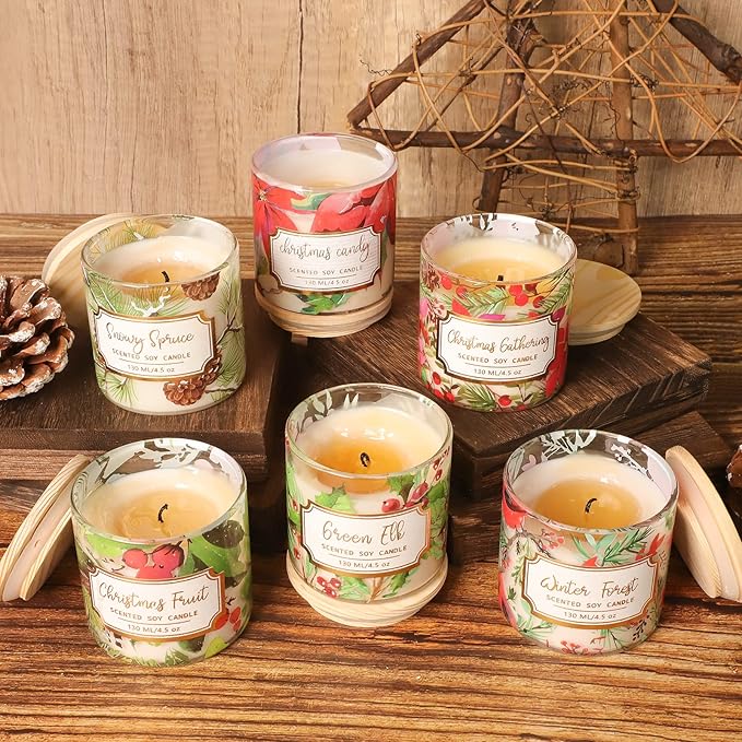 Christmas Scented Pillar Candles, Glass Jar Candles with Wood Lids, 4.5 Oz Natural Soy Wax Candle, Aromatherapy Candles for Home Scented, Candle Gift, SPA, Set of 6