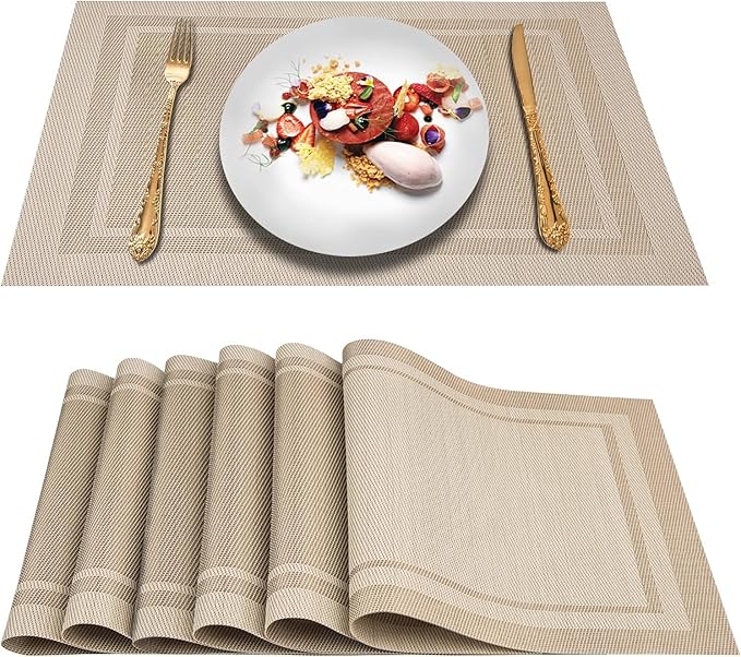DACHUI Placemats Set of 6, Linen Look Woven Place Mats, Water Resistant, Heat Resistant, Washable, Durable Table Mats (Beige)