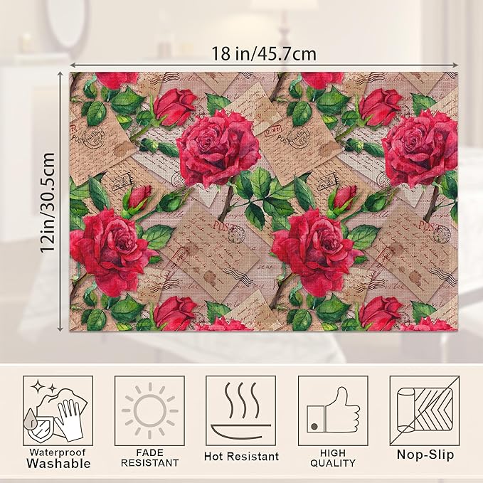 Red Rose Flower Placemats Set of 6,Stamp Vintage Linen Washable Kitchen Dining Table Mats Heat Resistant Place Mats for Home Party Indoor Holiday 12x18 Inch
