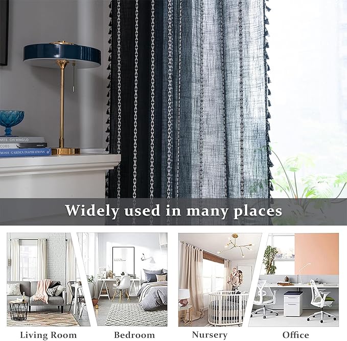 ColorBird Black Curtains for Living Room, 2 Panels Linen Curtains 84 Inches Long, Boho Room Darkening Black Drapes, Embroidered Window Curtains for Bedroom Door Office