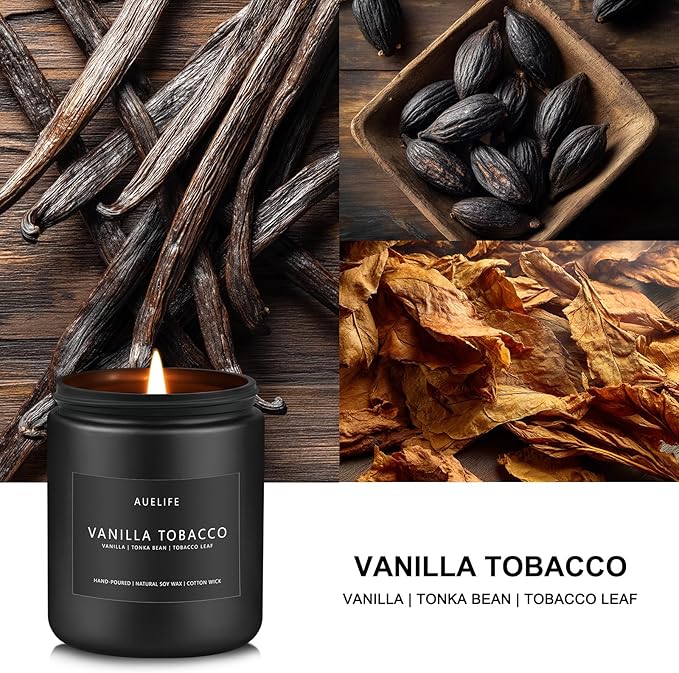 Vanilla Tobacco Candle for Men | Masculine Scented Soy Candles for Fathers Day - Home Fragrance for Dad & Boyfriend, Aromatherapy Gifts for Men - 7oz Black Jar, Long-Lasting Luxury Decor