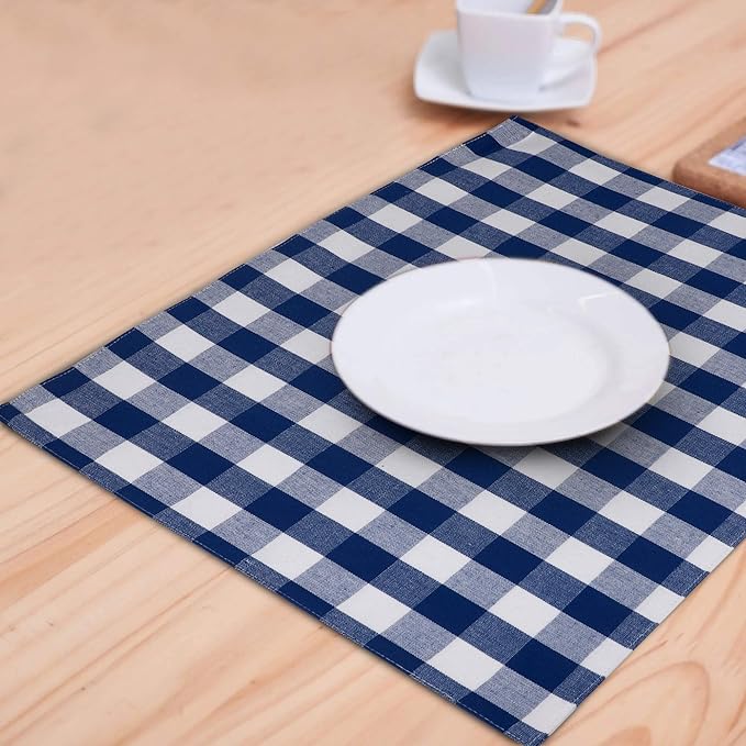 Urban VillaPlacemats for Dining Table 100% Cotton Placemats 14''x20'' Over Sized Tablemats Set of 6 Placemats Blue/White Buffalo Check Tablemats for Family Dinners Wedding PartiesPlacemats