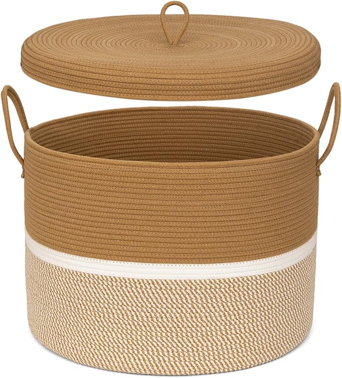 Laundry Basket with Lid, Woven Cotton Rope Laundry Hamper Foldable Storage Organizer Bin Blanket Basket for Comforter, Cushions, Clothes, Pillows, 20.5x20.5x15 Inch, Camel/White