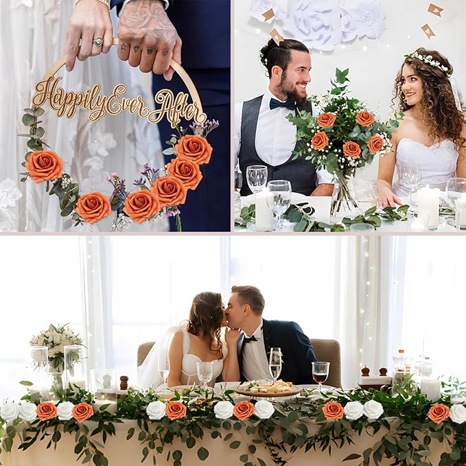 200PCS Artificial Flowers Burnt Orange Roses Real Looking Foam Fake Roses with Leaves and for DIY Wedding Bouquets Bridal Shower Centerpieces Party Decorations (Burnt Orange, 200)