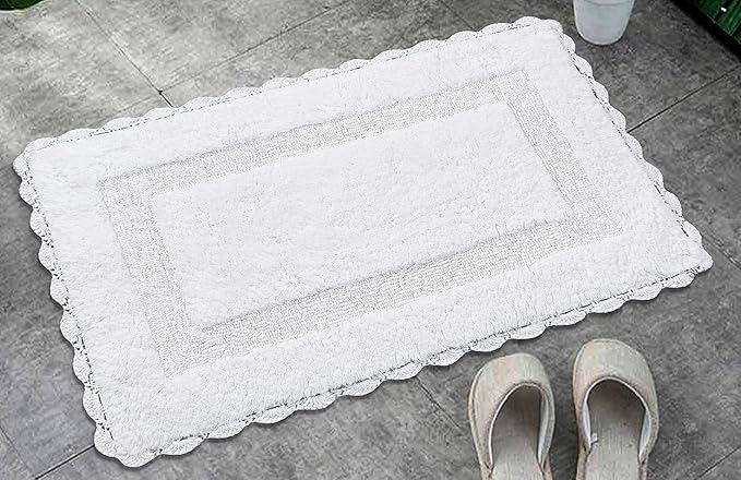 Cotton Crochet Bathmat with Antiskid 21x34 White, 100% Pure Cotton, Super Soft White, Plush & Absorbent, Hand Tufted Heavy Weight Construction, Full Reversible Step Out Rugs