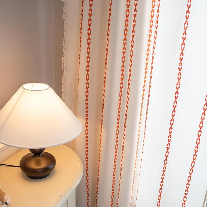Sutuo Home Boho Curtains 84 inches for Bedroom Living Room, Semi Blackout Embroidery Window Bohemian Tassels Drape for Fall Halloween Decor, Rod Pocket 1 Panel 52" W x 84" L, White and Orange