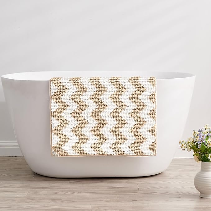 CozeCube Chenille Bathroom Rugs 59" x 24", Soft Microfiber Chevron Bath Mats for Bathroom, Non Slip Shaggy Bath Rugs Machine-Washable, Plush Absorbent Shower Mat, Beige