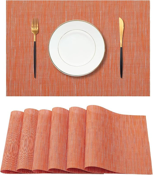 Leetaltree Orange Placemats Set of 6 - Heat Resistant Non-Slip Place mats for Dining Table, Washable Durable PVC Vinyl Woven Table Mats(Orange, 6)