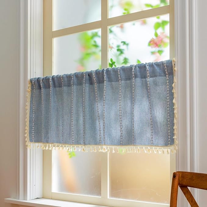 Sutuo Home Boho Farmhouse Curtains Valance 18 Inches Long for Kitchen Windows, Bohemian Short Curtains Light Filtering Vintage Tassels Long Embroidery Stripes, Rod Pocket 1 Panel 52" W x 18" L, Blue