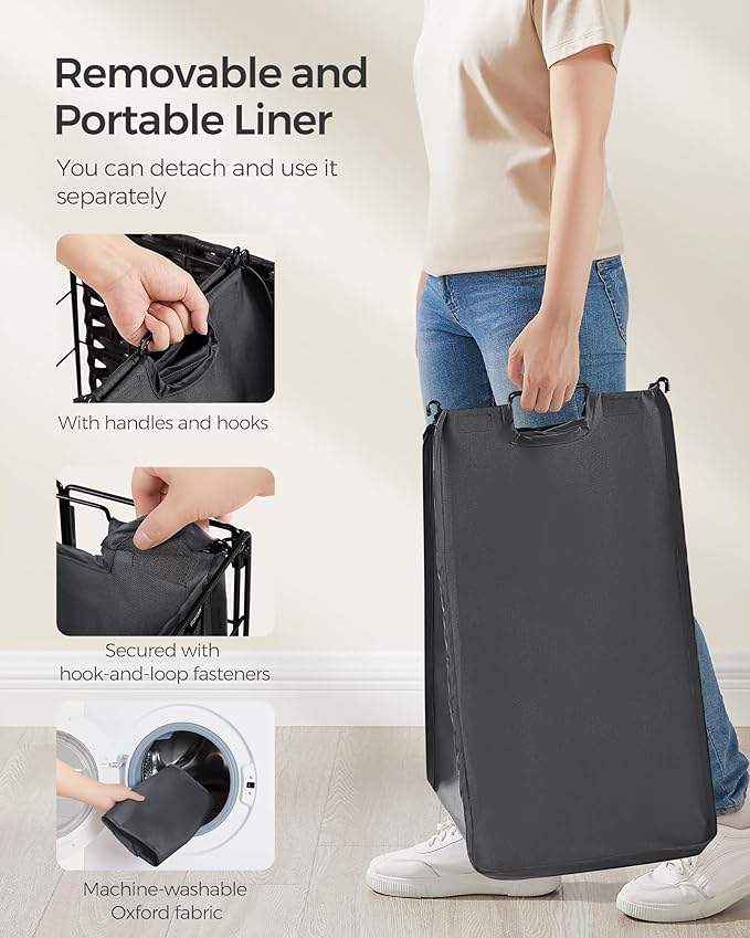 SONGMICS Laundry Hamper, 90L Laundry Basket with Lid, Clothes Hamper with Wheels, Collapsible Removable Liner Bag, Iron-Made Laundry Sorter, Ink Black and Slate Gray ULCB290B11
