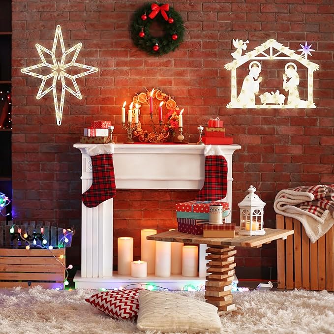 Christmas Decorations 17" Christmas Window Silhouette Lights Decorations - 2 Pack Nativity Scene with Lights & Lighted Bethlehem Star for Holiday Indoor and Outdoor Wall Door Window Decorate