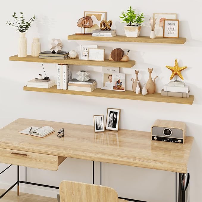 Fun Memories Floating Shelves for Wall, 55Inch Floating Shelves Set of 2, Hanging Shelf with Invisible Brackets, Wood Shelves for Living Room, Bedroom, Kitchen, Oak