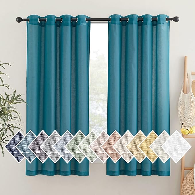 NICETOWN Linen Sheer Curtains 63 inch Length 2 Panels,Grommet Semi Sheer Drapes Privacy with Light Through Window Treatments for Bedroom/Living Room, Peacock Green, W52 x L63