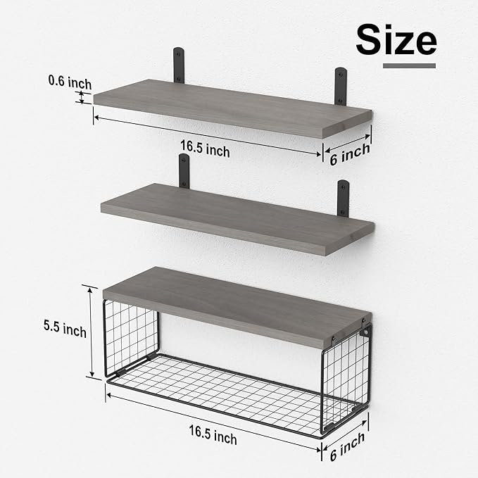 WOPITUES Bathroom Shelf Over Toilet, Floating Bathroom Shelf Wall Mounted with Wire Basket, Floating Shelf for Wall Décor-Modern Grey