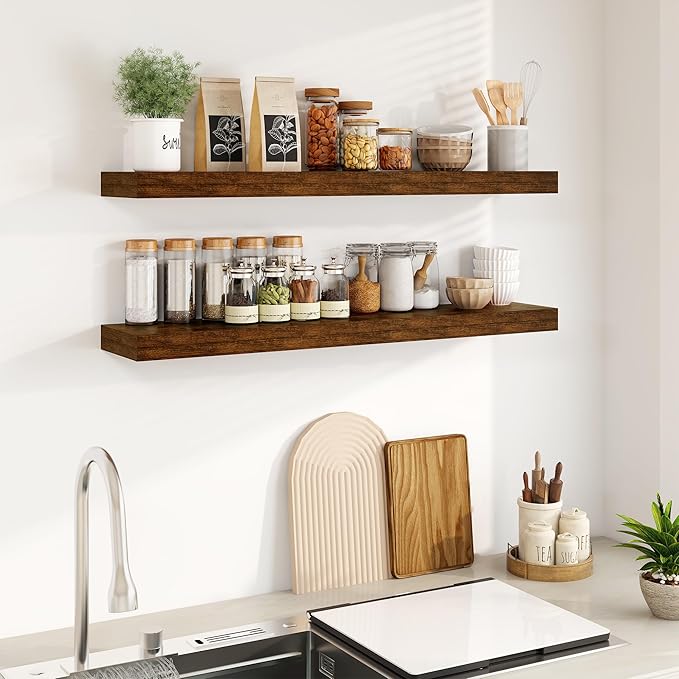 Fun Memories Floating Shelves for Wall, 40Inch Floating Shelves Set of 2, Hanging Shelf with Invisible Brackets, Wood Shelves for Living Room, Bedroom, Kitchen, Brown