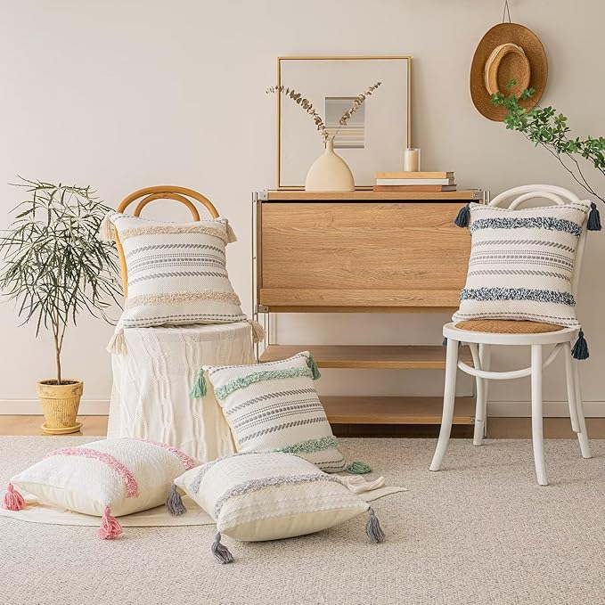 Boho Throw Pillow Covers 12x20 Set of 2 Woven Tufted Farmhouse Pillows Cover with Tassels Textured Striped Cushion Case Lumbar Pillow Cases Decorative Pillowcase for Couch, Bed, Light Grey