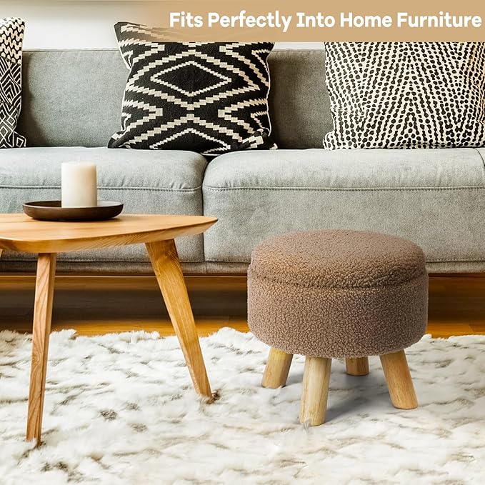Ottoman Foot Rest, Small Round Ottoman with Storage, Boucle Teddy Velvet Footstool with Wood Legs, Soft Sponge Storage Ottoman for Living Room, Bedroom, Couch, Enterway (Camel Brown)