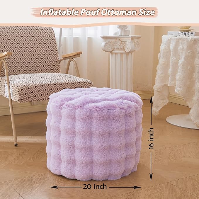 LIFEREVO Faux Rabbit Fur Round Inflatable Pouf Ottoman, 20 X 16 Plush Waffle Bubble Floor Poufs Foot Rest Living Room Bedroom, Light Purple Furry Pouf Foot Stool for Girls Adults, Anti-Slip, Lavender